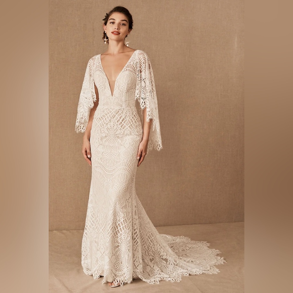 BHLDN Ivory Lace V-Neck Bridal Gown with Bell Sleeves